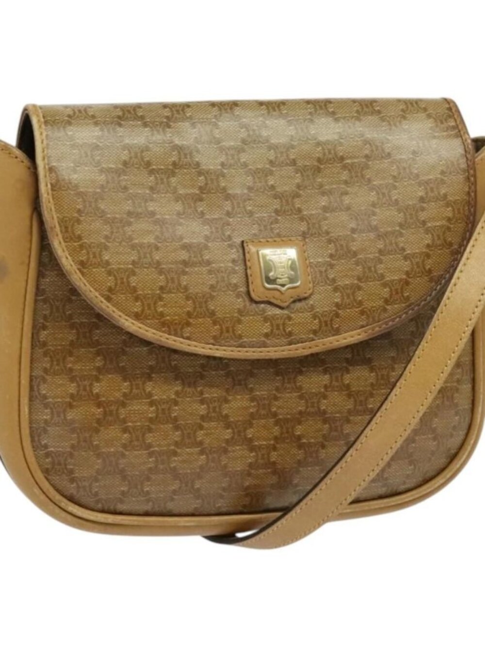 Authentic CELINE Macadam Canvas Shoulder Bag Beige Gold